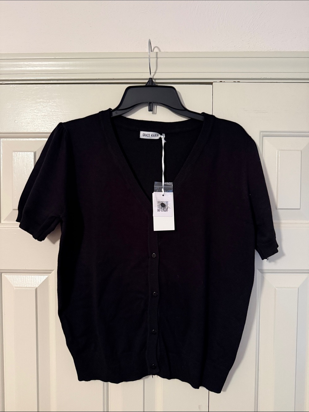 Grace Karin Black Short Sleeve V-Neck Cardigan Sweater